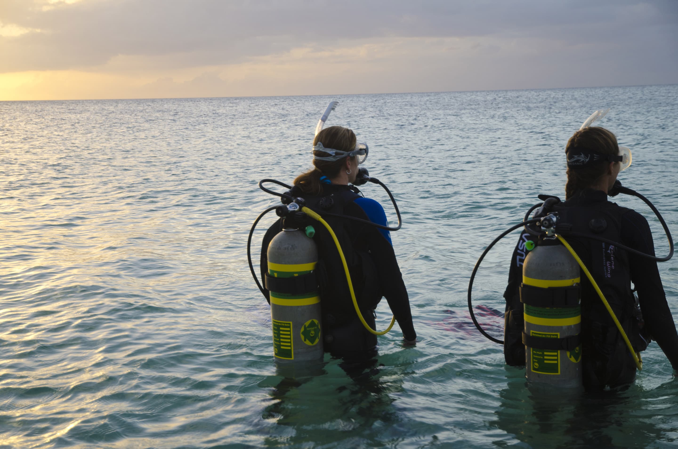 Deux plongeuses entrent dans l'eau au coucher du soleil, blocs sur le dos